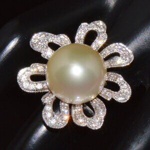Certified Natural 0.88Cts VS F Diamond 14MM South Sea Pearl 18K Solid Gold Ring